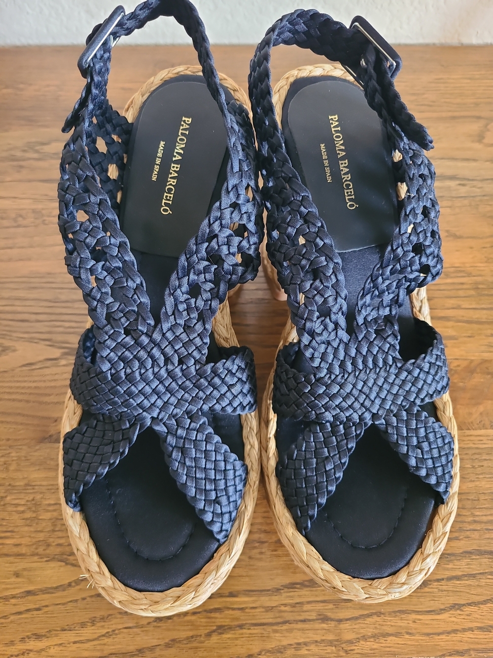Paloma Barcelo Xia Ankle Strap, Navy Blue, Braide Wedge Sandals - Picture 2 of 4